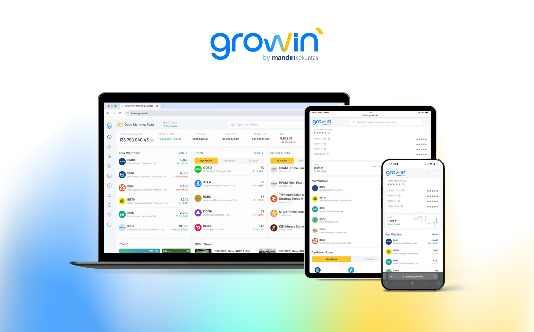 Growin investing app on laptop, tablet and phone