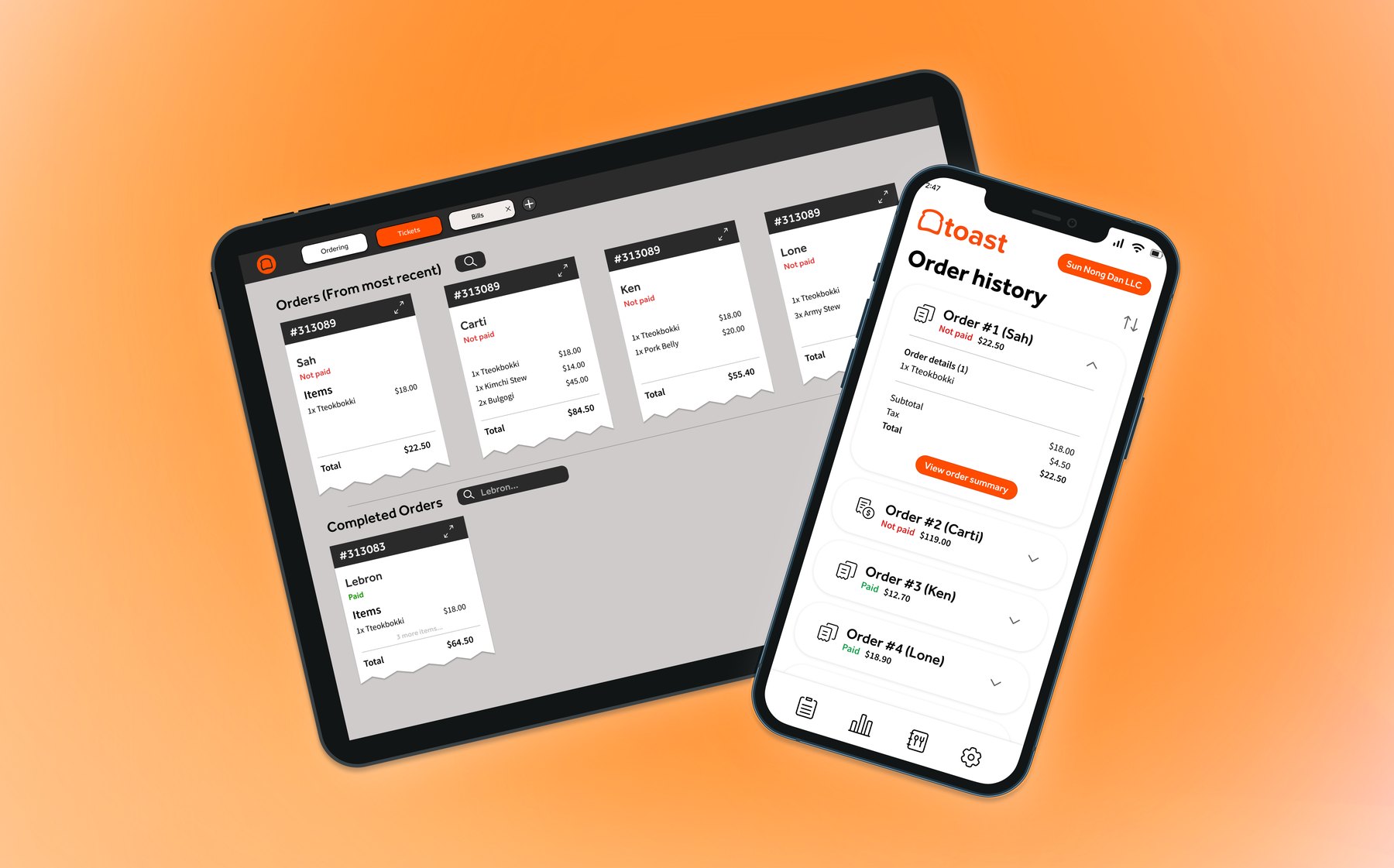 Toast POS order screens on tablet and phone